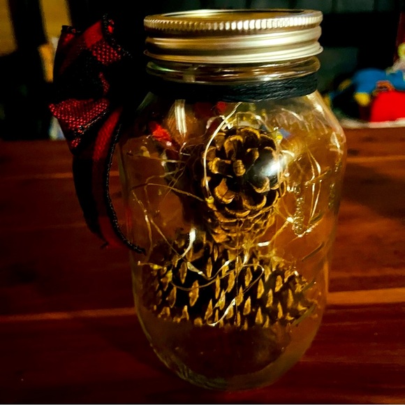 New* Rustic Farmhouse Decor Pinecone FairyLight Mason Jar Buffalo Plaid - Picture 10 of 12